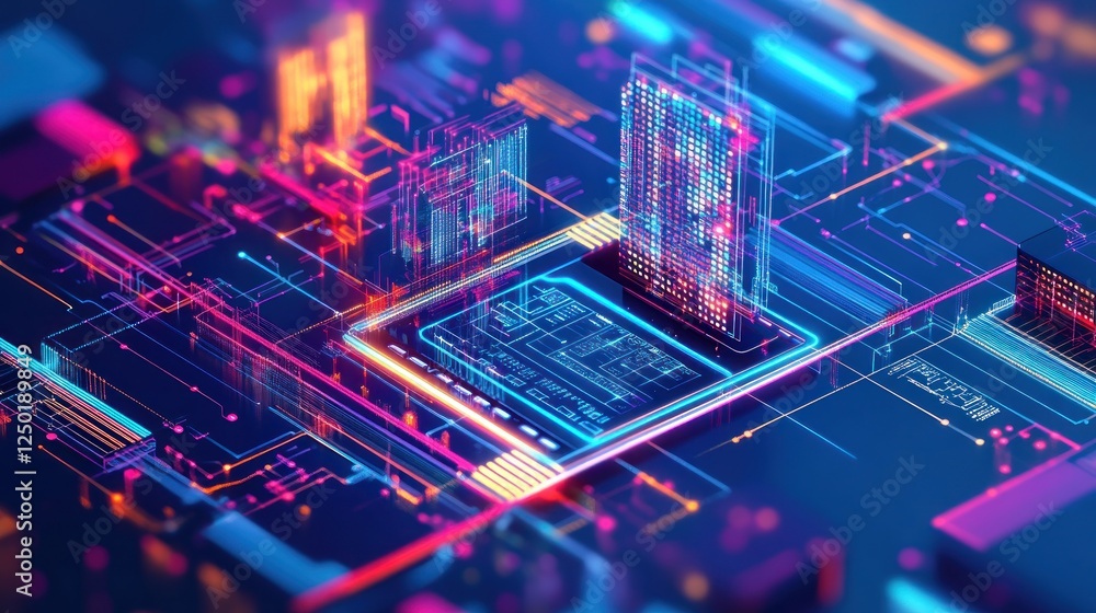 Poster abstract futuristic circuit board design with glowing neon elements