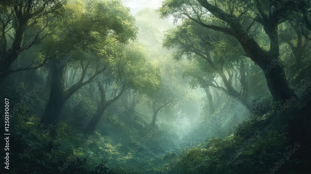 Aufkleber mystical forest landscape with lush green trees and soft fog creating an enchanting atmosphere for n
