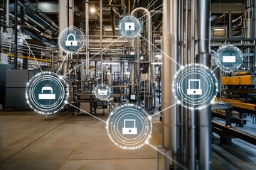 Fototapeta premium Manufacturing unit with IoT sensors secured by mesh network architecture.