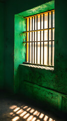 Obraz premium Green cell window bars sunlight shadows prison