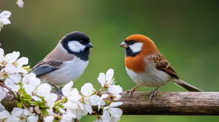 Fototapeta premium Two Colorful Birds Perched on a Branch Surrounded by Blossoms