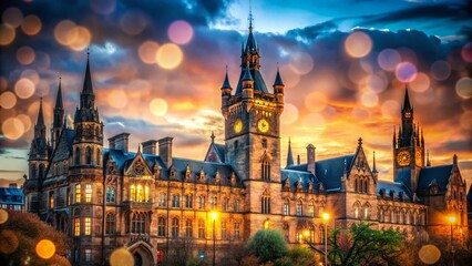 Naklejka premium Glasgow University Main Building, Scotland - Bokeh Night Photography