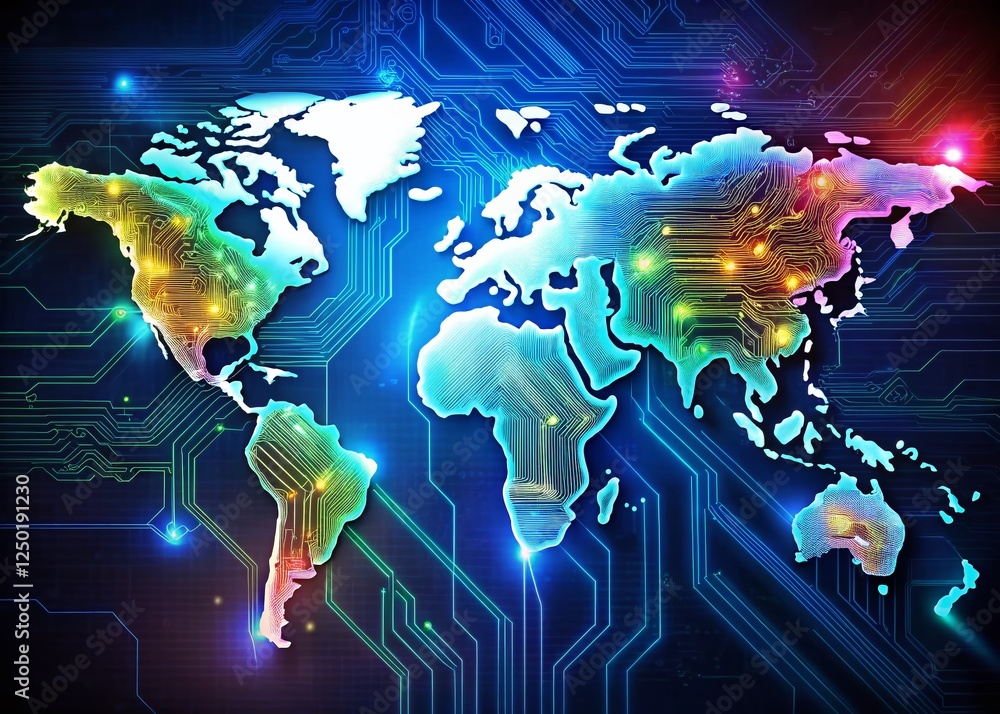 Poster global network: futuristic circuit world map - high resolution stock photo