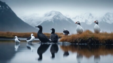 Fototapeta premium Diverse Bird Species Gather by Serene Mountain Lake in Nature