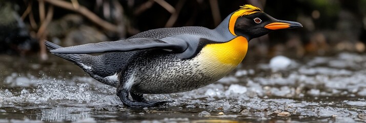 King penguin wading through shallow water, wings outstretched, showcasing vibrant yellow and orange chest plumage.