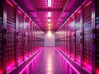 Fototapeta premium Glowing Pink Server Room Corridor: Technology Data Center Interior Stock Photo