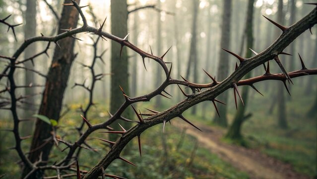 Close-up of thorny branches with sharp thorns and twisted stems in soft natural lighting with blurred forest background