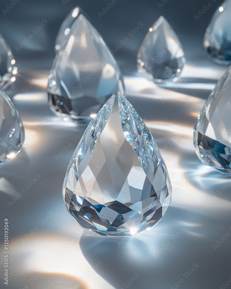 Poster close-up of several sparkling,faceted, teardrop-shaped crystal objects on a reflective surface.