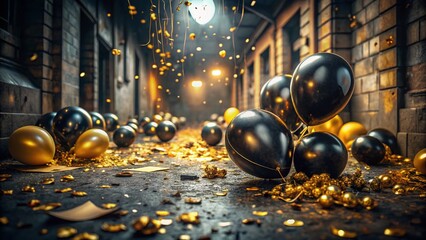 Fototapeta premium Golden & Black Balloons, Confetti, and Ribbons: Dark Urban Exploration Photography
