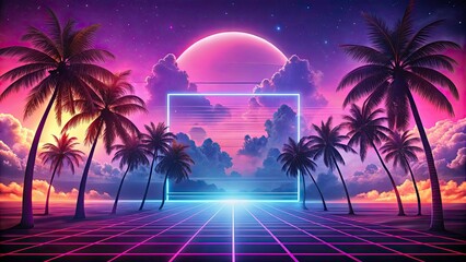 Naklejka premium Vibrant Sky Layout with Pink Neon Frame in Vaporwave Style for Retro Design Aesthetic, Perfect for Digital Art and Backgrounds with Futuristic and Nostalgic Elements