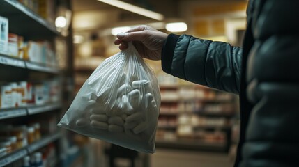 Close-up of a hand holding a plastic bag filled with white pills in a pharmacy.