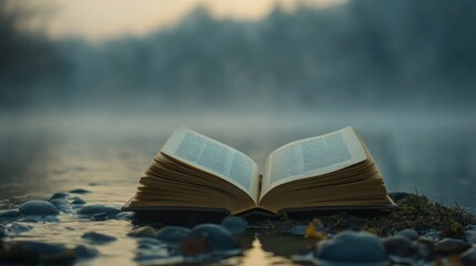 Open Magic Book Symbolizing Harmony of Water and Land in Minimalist Composition