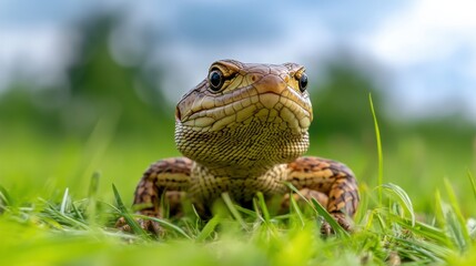 Obraz premium Close-Up of a Lizard on Green Grass with Blurred Background