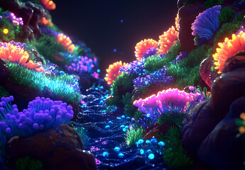 3D rendering of realistic, colorful bacteria inside the human body with glowing blue and purple cells on a dark background, close-up view. The scene includes an animated illustration showing 
