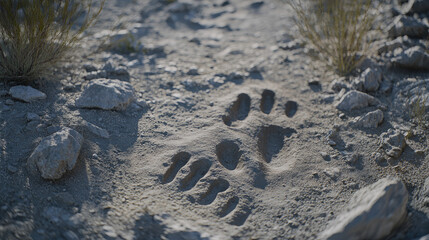 Close-up of ancient dinosaur footprints embedded in rocky terrain, surrounded by sparse vegetation, showcasing texture and depth. Prehistoric fossil tracks in natural environment, paleontology and geo