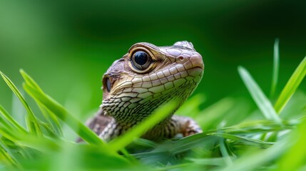 Obraz premium Close-Up of a Colorful Lizard Among Vibrant Green Grass