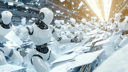 Fototapeta premium A futuristic scene with multiple humanoid robots working in a high-tech environment, highlighted by bright light and dynamic motion.