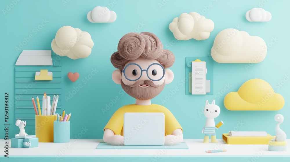 Poster a whimsical character with glasses working at a desk with colorful decor, surrounded by clouds and p