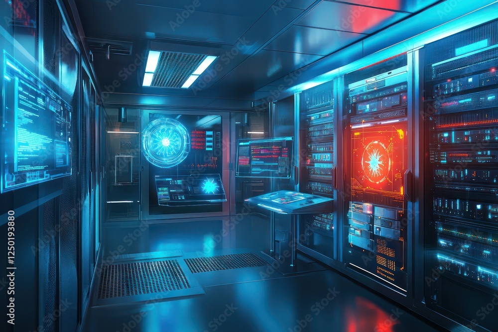 Poster modern server environment using holographic tech to combat malware effectively.