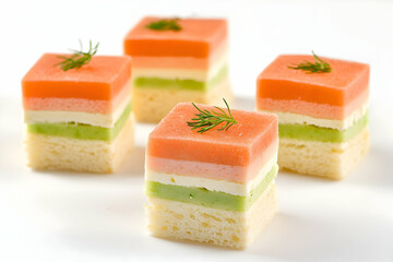 Layered salmon mousse appetizer, white background, party food