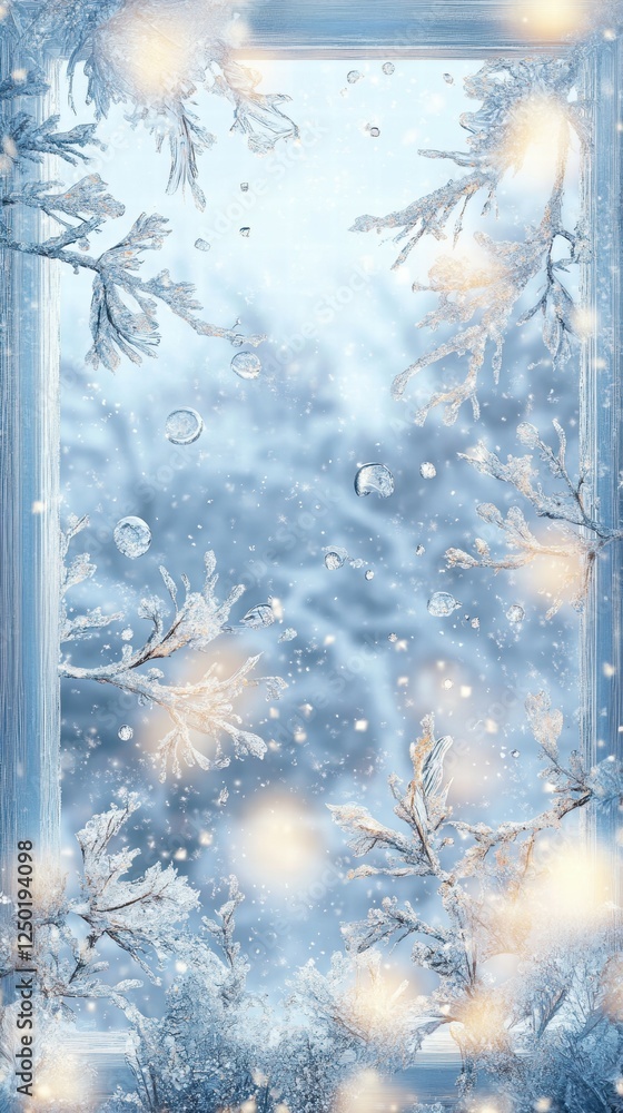 Poster frosty winter window with droplets and delicate frost patterns