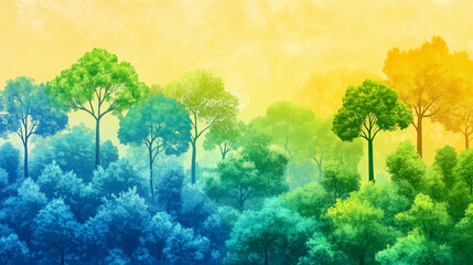 Fototapeta premium Gradient banner with illustration of various types of trees growing together, fresh green leaves under the sunlight, blue to yellow gradient background, Ai generated images