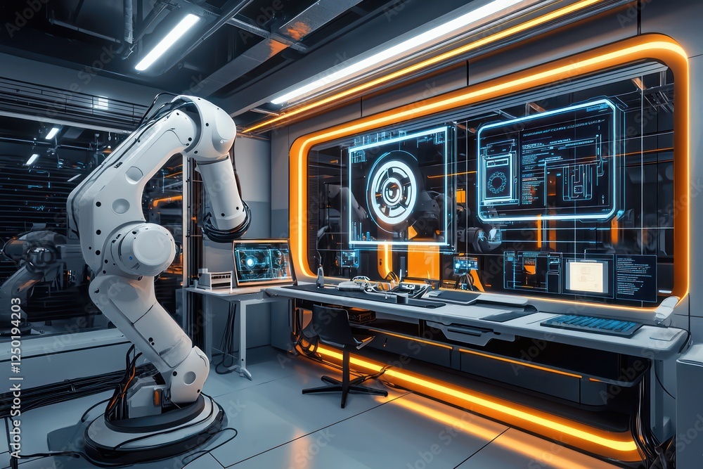 Poster current robotics studio features ai holograms analyzing machines live.