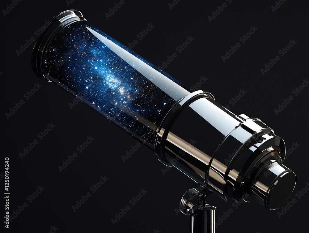 Poster chrome telescope displaying a nebula, isolated on black.