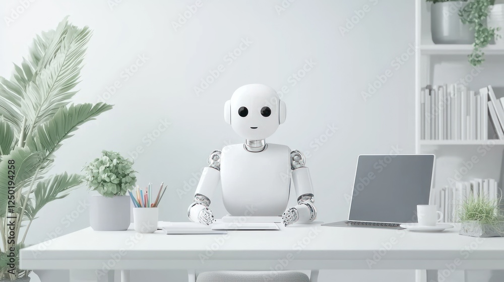 Poster a friendly robot sits at a minimalist desk surrounded by plants and a laptop, conveying a modern and