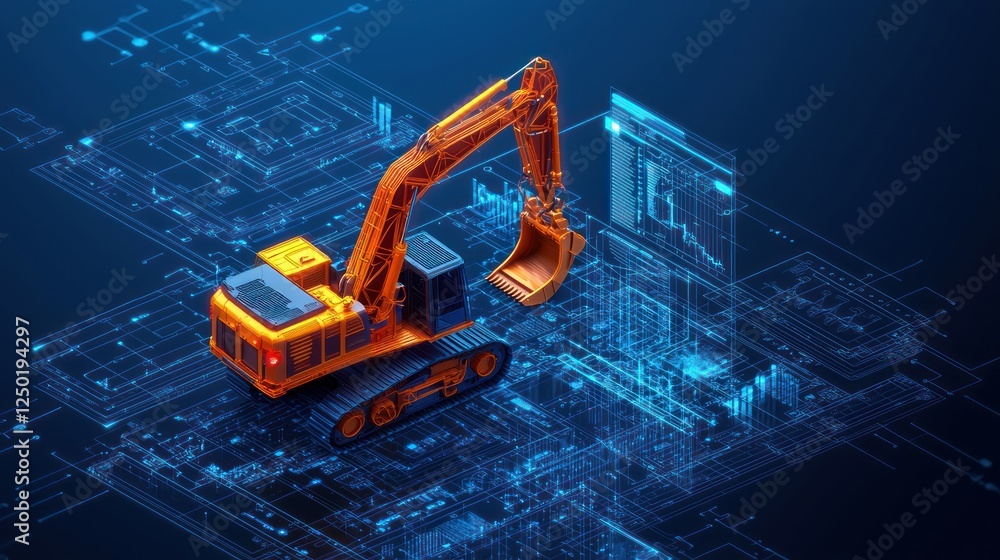 Poster a digital rendering of an excavator overlaid on a circuit-like background, representing technology a