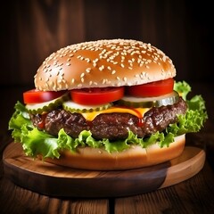 Hamburger on a wooden background. Selective focus.