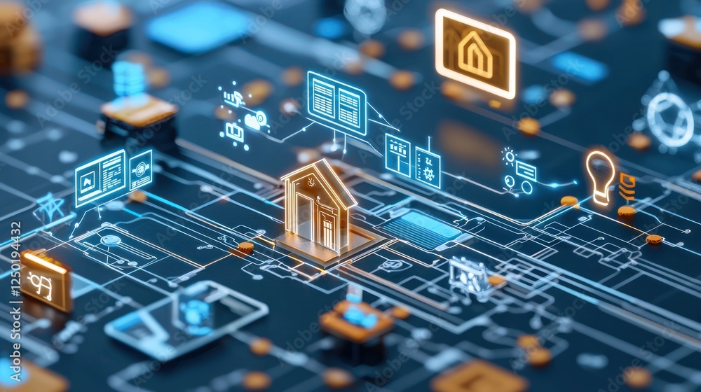 Aufkleber a digital representation of smart home technology, featuring interconnected icons and circuits on a 