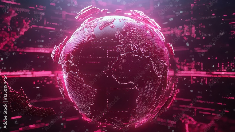 Poster a digital representation of a glowing pink globe, surrounded by abstract data patterns, symbolizing 