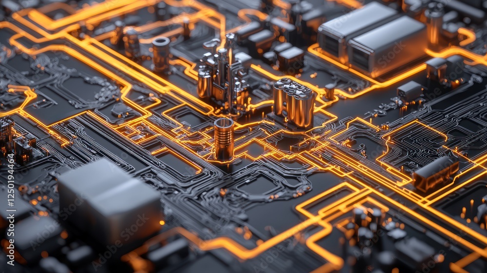 Poster a close-up of a circuit board with glowing orange traces, showcasing intricate pathways and electron