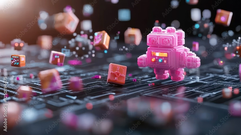 Aufkleber a colorful, pixelated robot stands amidst floating digital cubes on a circuit board, creating a vibr