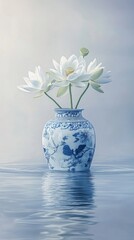 Traditional water jar with lotus flowers, soft blue and white tones, serene and elegant composition