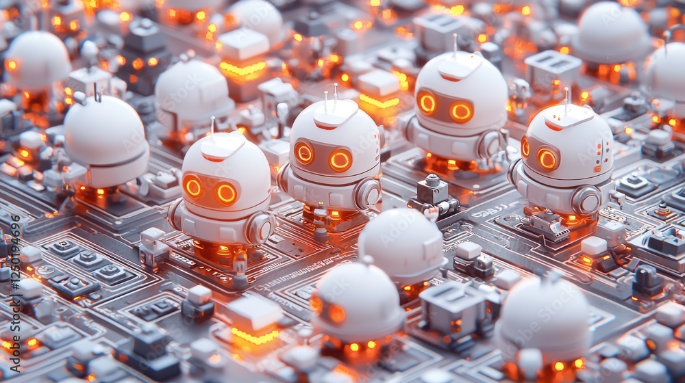 Aufkleber a futuristic scene featuring small robotic figures on a glowing circuit board, combining technology 