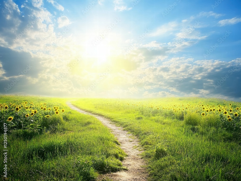 Poster path through sunflower field with sunlight filtering through clouds