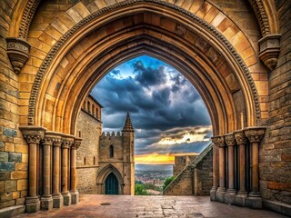 Fototapeta premium Gothic Archway, Lerida Castle Entrance, Spain: Majestic Medieval Architecture Stock Photo