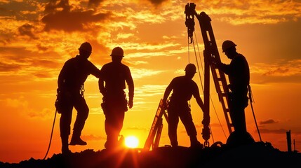 Obraz premium Silhouettes of workers against a vibrant sunset, highlighting teamwork and construction in an industrial setting.