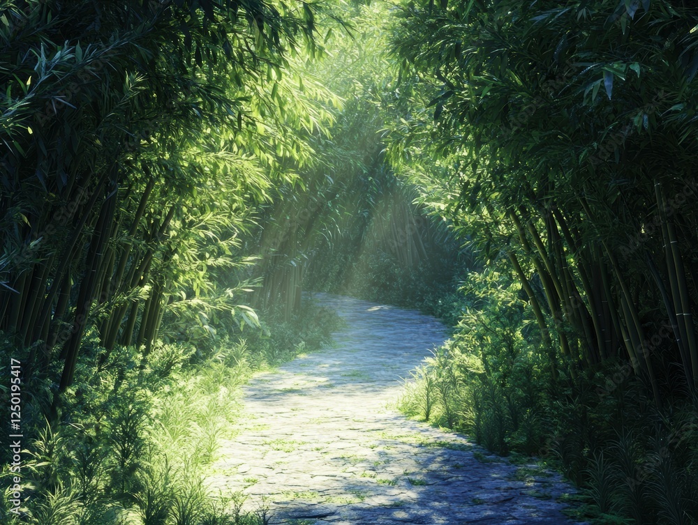 Poster sunlit path through lush bamboo forest with space for reflection