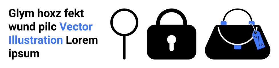 Magnifying glass, padlock, and handbag with a tag explore themes of search, security, privacy, fashion, shopping, brand ownership and online retail. Ideal for business flat landing page banner