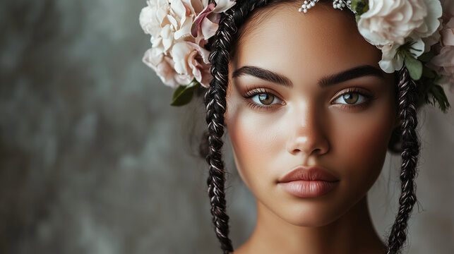 Hairstyle Appreciation Day, Close-up portrait of a woman with intricate braided hairstyle and floral accessories, plain background with soft lighting, Ai generated images