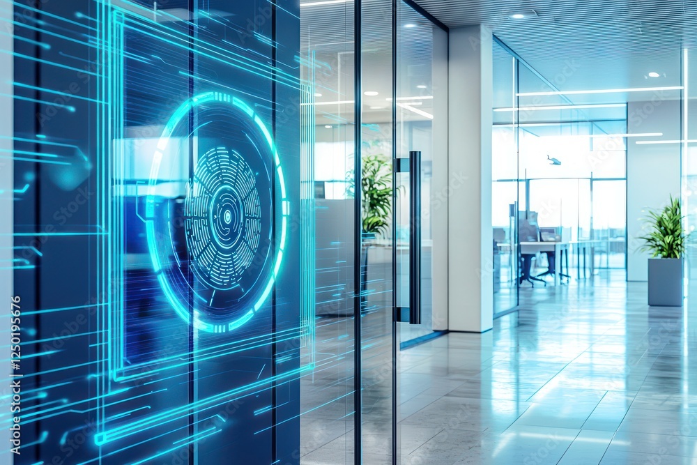 Poster holographic systems in office analyzing biometrics for security.