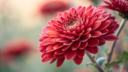 Crimson Chrysanthemum Bloom: A delicate, vibrant crimson chrysanthemum flower basks in the soft glow of sunlight, its intricate petals radiating beauty and elegance.