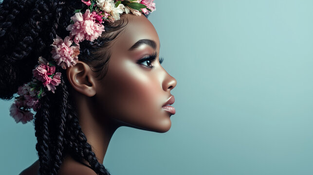 Hairstyle Appreciation Day, Close-up portrait of a woman with intricate braided hairstyle and floral accessories, plain background with soft lighting, Ai generated images