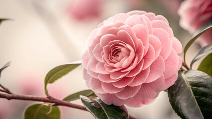 Pink Camellia Blossom: A delicate and ethereal pink camellia blossom unfurls its petals, showcasing its exquisite beauty in a captivating close-up.
