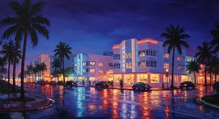 Obraz premium Wet city street scene at night features art deco hotels