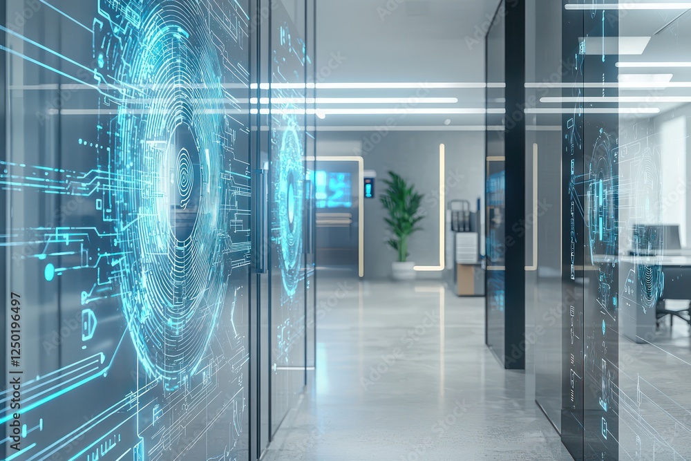 Aufkleber office using holograms to analyze biometrics for enhanced security.