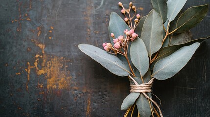bundle of dried eucalyptus leaves tied with twine, representing its use in home decor and wellness Eucalyptus tree benefits 